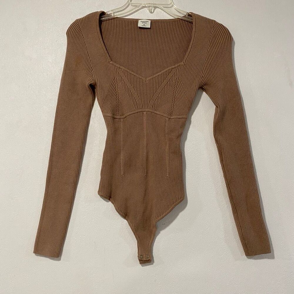 Abercrombie & Fitch XS Brown Ribbed Long Sleeve Bodysuit Square Neck
